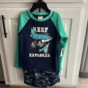 Reef Explorer Boys' Long-Sleeve Rash Guard Swim Set - Navy & Teal